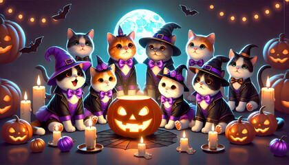 Digital Art of Cats in Halloween Costumes Around a Jack-o’-lantern