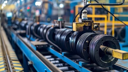 Closeup of industrial production line with metal parts moving on conveyor belt.