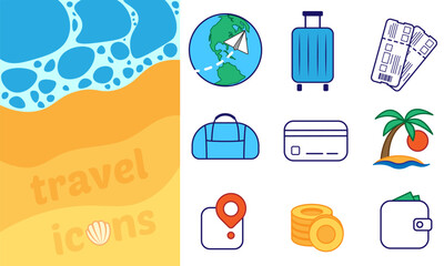 Travel icon set: flight, suitcase, tickets, bag, card, beach, map, coins and wallet with money. Banner with sea, sand, seashell. Perfect for tourism, trip planning, vacation app. Simple colored style.