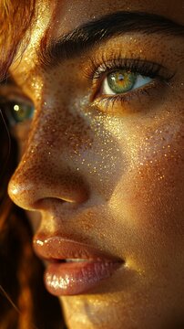 close-up portrait of a beautiful woman with golden freckle make-up