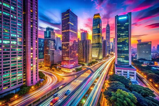 Vibrant neon-lit cityscape at dusk with sleek skyscrapers, busy streets, and blurred motion, creating an edgy, modern,