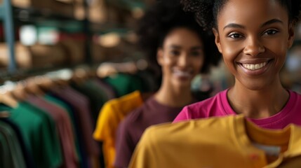 Obraz premium Two smiling young women working in a clothing warehouse.