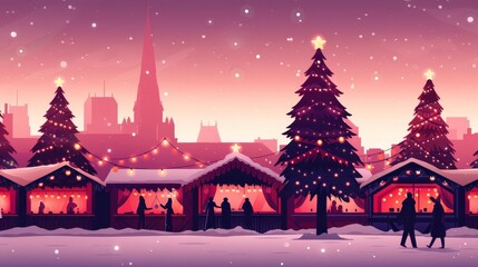 Silhouette of a festive Christmas market with snowy cityscape and twinkling lights.