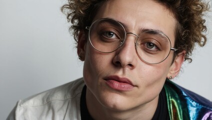 Young man with curly hair and gold-framed glasses in neutral portrait