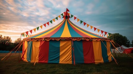 Colorful circus tent against a dramatic sunset sky.
