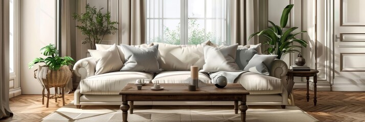 Fototapeta premium White sofa with throw pillows in a living room setting with plants and a wooden coffee table.