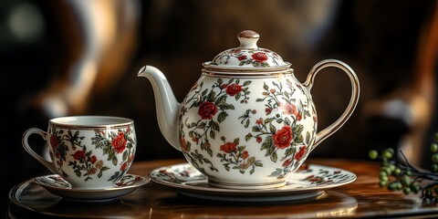 A white porcelain teapot and cup with red floral design on a wooden table. - Powered by Adobe