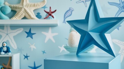 Obraz premium Blue star with starfish on a blue background.