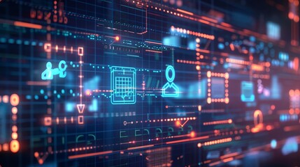 Obraz premium Abstract digital background with glowing icons representing technology, data, and innovation.