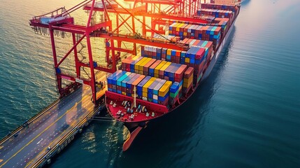 Cargo ship at a dock with container loading and unloading operations.