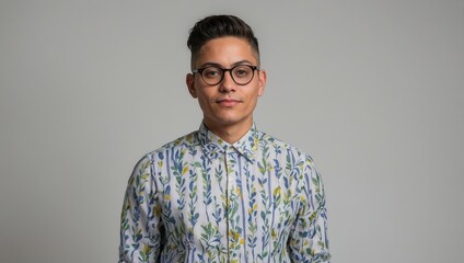 Obraz premium Man with floral patterned shirt and glasses looking directly at camera in relaxed portrait