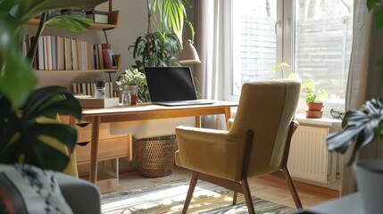 Fototapeta premium Cozy home office setup with modern furniture, ergonomic chair, and laptop, surrounded by natural light and minimalistic design with copy space