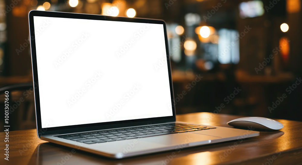 Wall mural laptop computer with a blank white screen on a table in cafe background.
