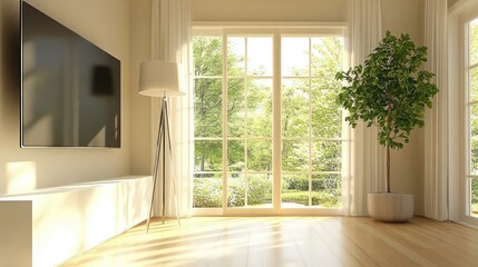 Bright and airy living room with a mounted TV, a standing lamp, and sunlight pouring through glass doors, creating a calm, well-lit environment.