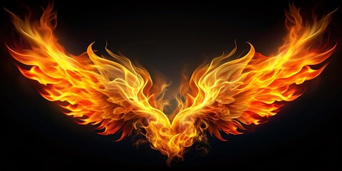 Fototapeta premium Vibrant orange and yellow flames engulf a dark background, forming wings of fire that seem to pulse with