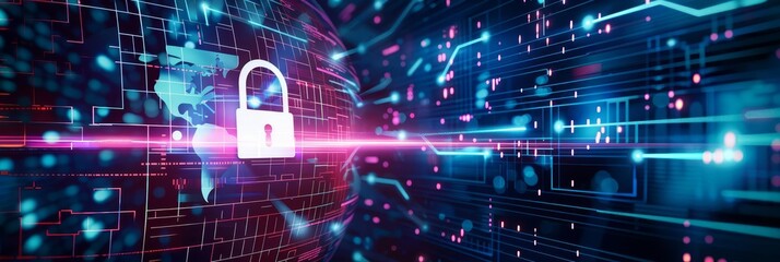 Digital padlock on a glowing blue and pink network background.