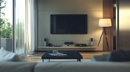 Contemporary living room with a sleek TV mounted on the wall, a soft-glowing lamp, and the soft glow of morning light streaming through glass windows.