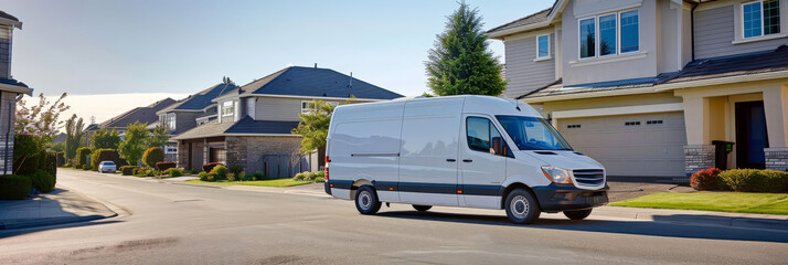 Delivery service van parked in a residential neighborhood, ready for package delivery with copy space