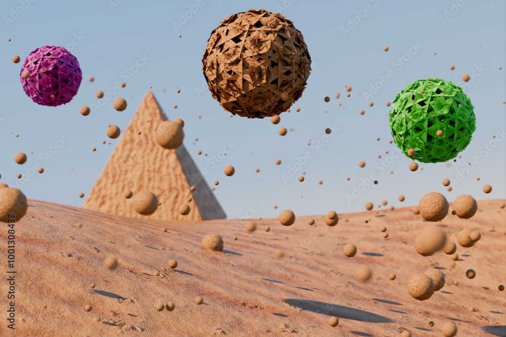 Poster abstract scene featuring floating spheres and a pyramid in a desert landscape. 3d rendering