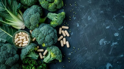 Dietary supplements in the form of capsules made from cruciferous vegetables, promoting health and the keto diet with copy space