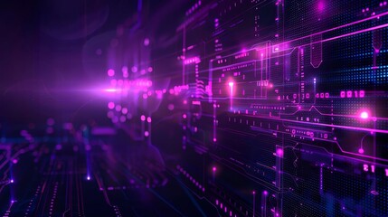 Obraz premium Abstract digital technology background with glowing purple lines and circuits.