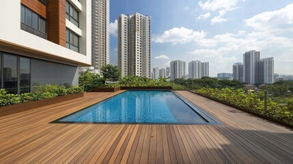 Naklejka premium Elegant wooden deck with a compact swimming pool, offering an open view of towering residential buildings in the background.