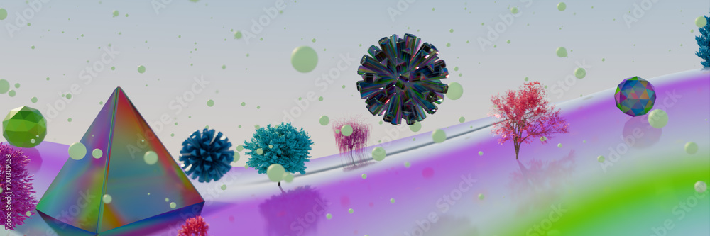 Poster abstract surreal landscape with colorful geometric shapes and trees, creating a vibrant. 3d renderin