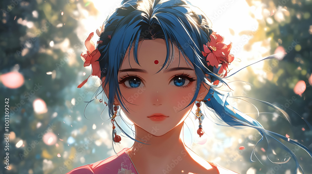 Poster Anime Girl with Blue Hair and Flowers in Her Hair