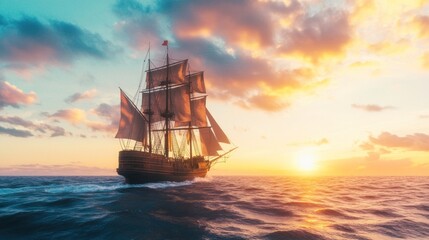 Fototapeta premium Old sailing ship cuts through waves at sunset, sails billowing