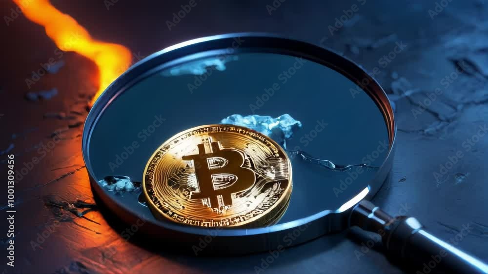 Poster golden bitcoin coin under a magnifying glass. a blurry texture of fire is visible in the background.