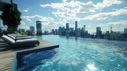 Fototapeta premium Infinity pool design on a rooftop deck, with modern lounge chairs and a striking view of nearby city buildings reflecting in the water.