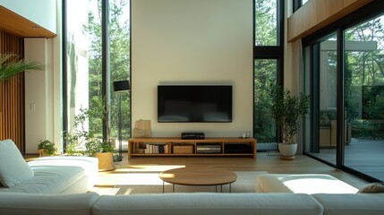 Living room with a mounted TV above a minimalist shelf, a stylish floor lamp, and natural light flooding through tall glass windows.