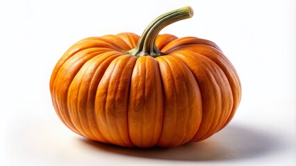 Obraz premium Vibrant orange pumpkin with intricate ridges and stem, isolated on a clean white background, casting subtle shadows and
