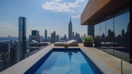 Fototapeta premium Luxurious rooftop deck with a pool, offering a panoramic view of surrounding skyscrapers and city life below, framed by sleek modern furniture