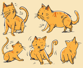 A cute simple Ginger cat Orange cat at with different poses. Nursery illustration.