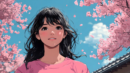 Smiling Girl Under Cherry Blossoms on a Sunny Day