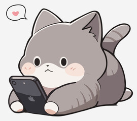 A cute Cat using a mobile phone in a sofa. British shorthair illustration.
