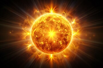 Vibrant orange-yellow sun radiates warm light with subtle flares and textured rays against a dramatic dark black