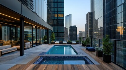 Fototapeta premium Outdoor deck design with a geometric swimming pool, surrounded by tall glass buildings, showcasing a perfect blend of urban and modern outdoor living.