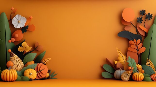 Autumnal Decorations in Vibrant Colors with Artificial Flowers and Fall Motifs on Orange Wallpaper