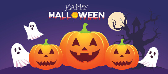 Happy Halloween set of pumpkin with ghost vector poster