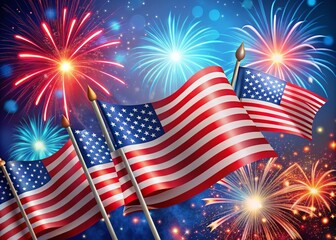 Vibrant patriotic background featuring American flags, fireworks, and confetti in shades of red, white, and blue,