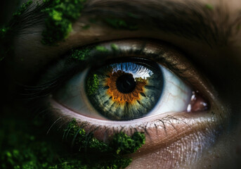 Closeup of human eye adorn with dark green moss and organic textures.