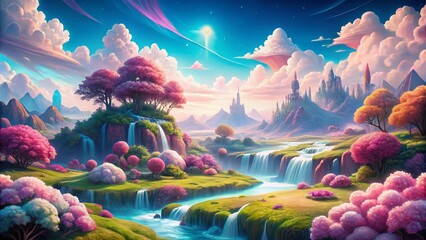 Vibrant pink and blue fantasy landscape with rolling hills, sparkling waterfalls, and fluffy white clouds, perfect for