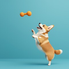 Corgi dog jumping to catch a toy against a vibrant blue background.
