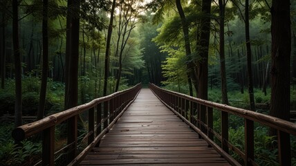 Wooden Bridge in a Green Forest