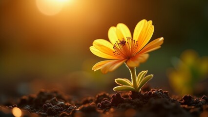 Generative AI, a flower that is growing out of the ground in the dirt with the sun shining in the a flower that is growing background and a blurry background, sun, a macro photograph, art photography
