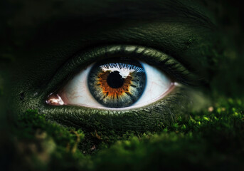 Closeup of human eye adorn with dark green moss and organic textures.