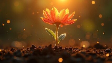 Generative AI, a flower that is growing out of the ground in the dirt with the sun shining in the a flower that is growing background and a blurry background, sun, a macro photograph, art photography
