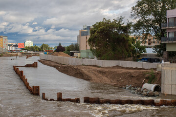 Flood wall in river basin of Svratka, Brno, Czech republic, floods after storm Boris, September 15,...